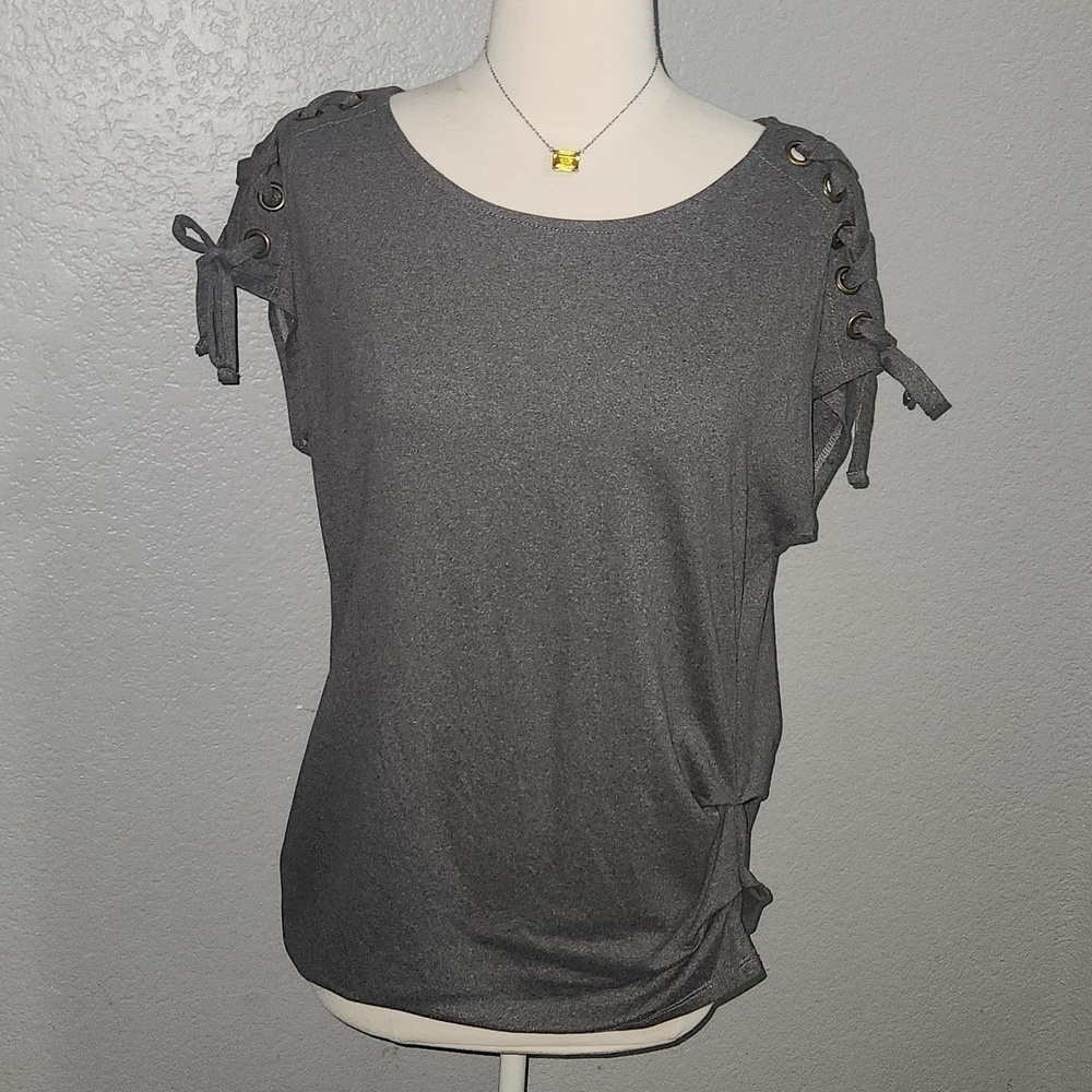 AWU Gray Short Sleeve Top Size Medium. Sleeves Criss Cross Tie Down the Arms.